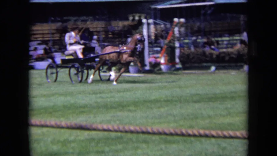1963 England 8mm frame showing the horse and two-wheeled carriage moving rightward on the grass course before spectators.