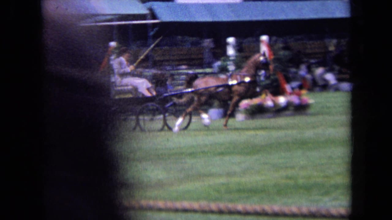 1963 England home-movie frame of a horse-drawn cart crossing a grass field at an equestrian event, with spectators seated in bleachers behind.
