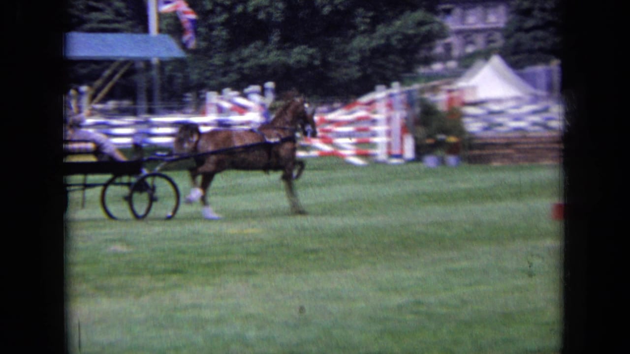 Horse-drawn cart moves near red and white barriers on a grassy show field.