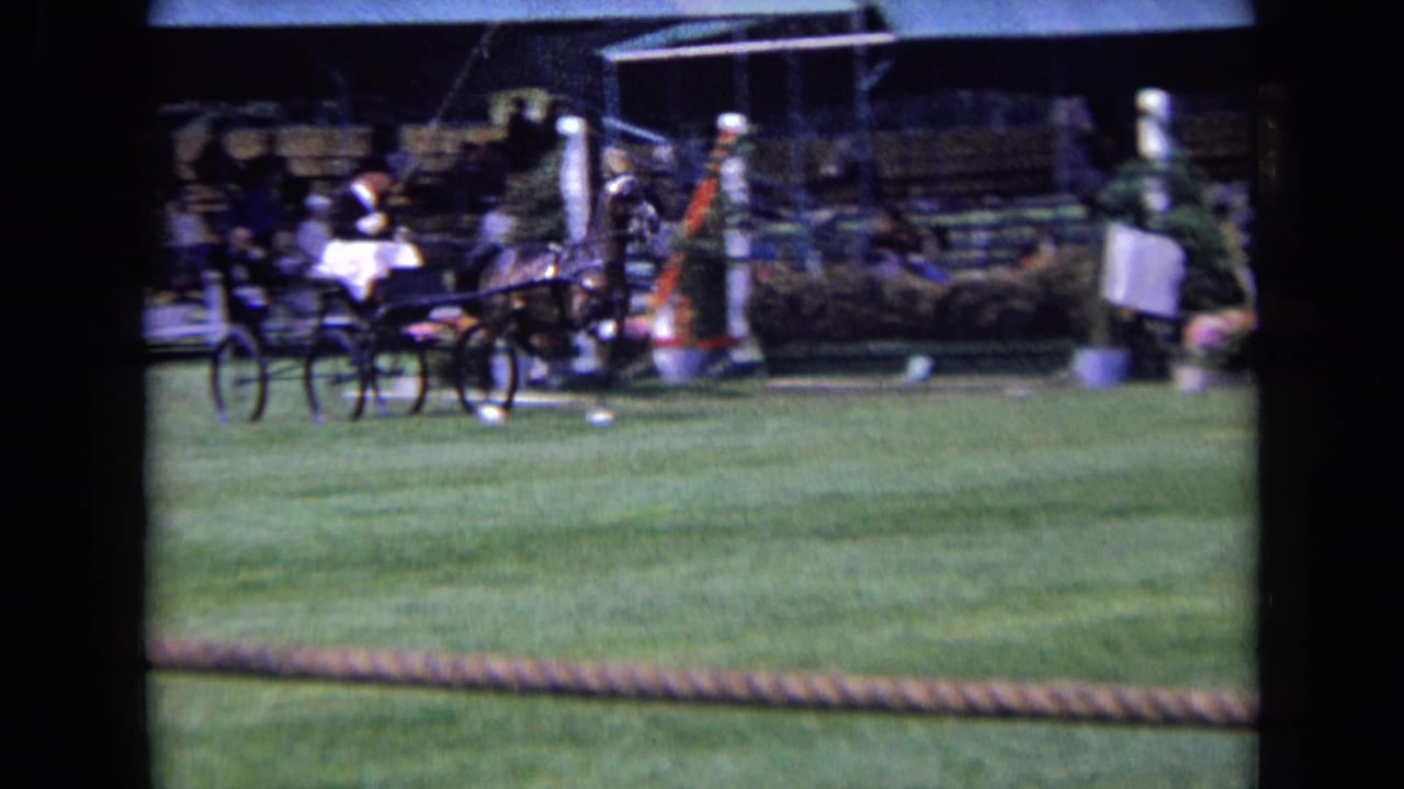 Horse-drawn cart crossing a grass field with spectators and barriers behind it.