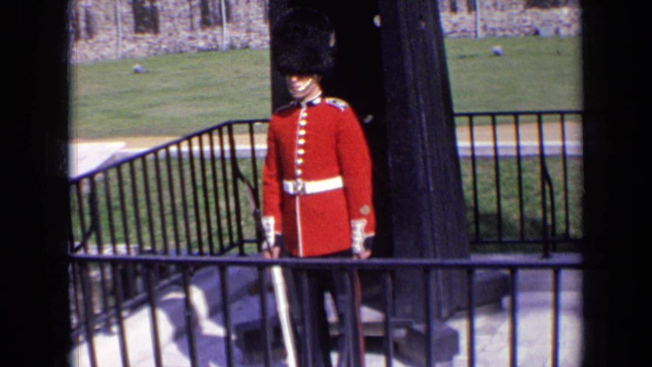 Guard in red ceremonial uniform stands still beside railings and a dark sentry box.