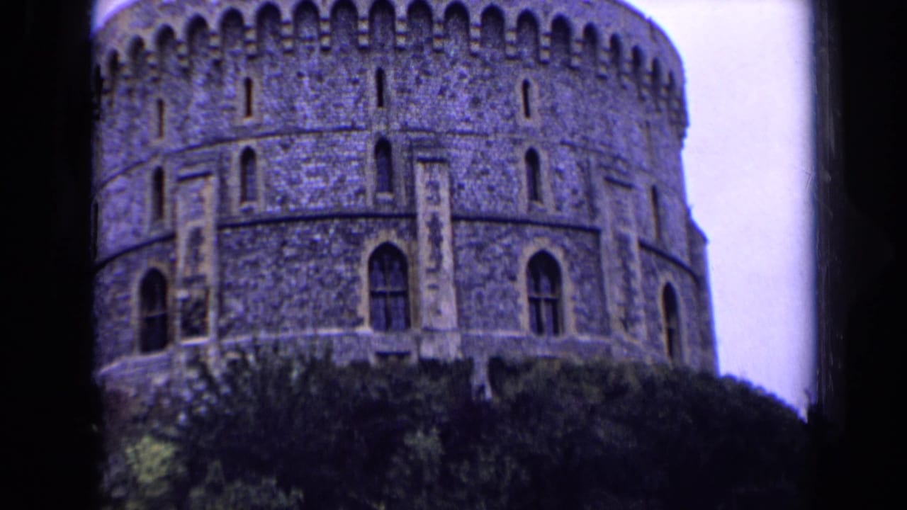 Round stone castle tower above dense trees with pale sky and film borders.