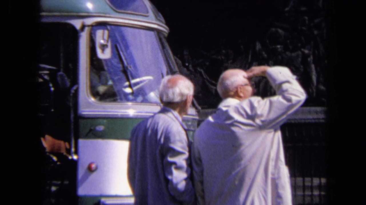 Two older men look upward beside a green-and-white bus.