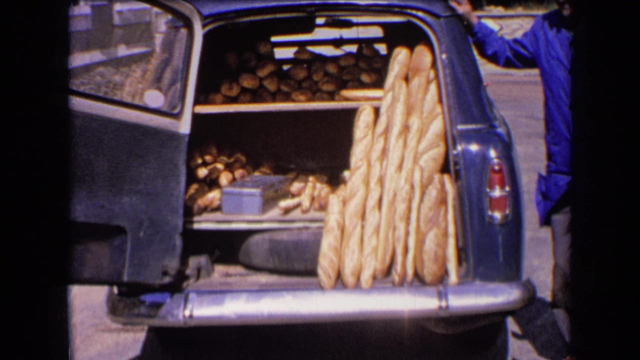Open rear of a vintage car filled with bread and baguettes.