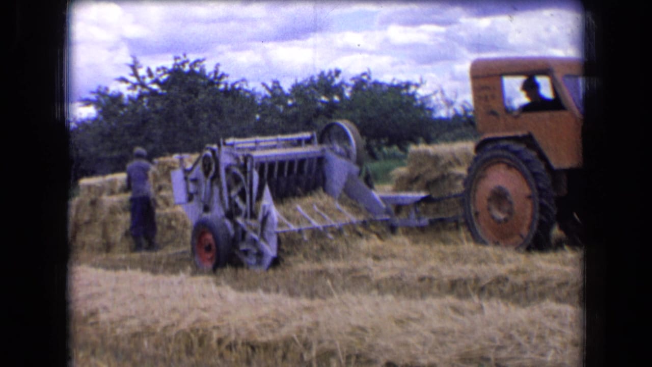 A farm worker stands by hay bales as the tractor and baler continue work in a French rural field in 1963.