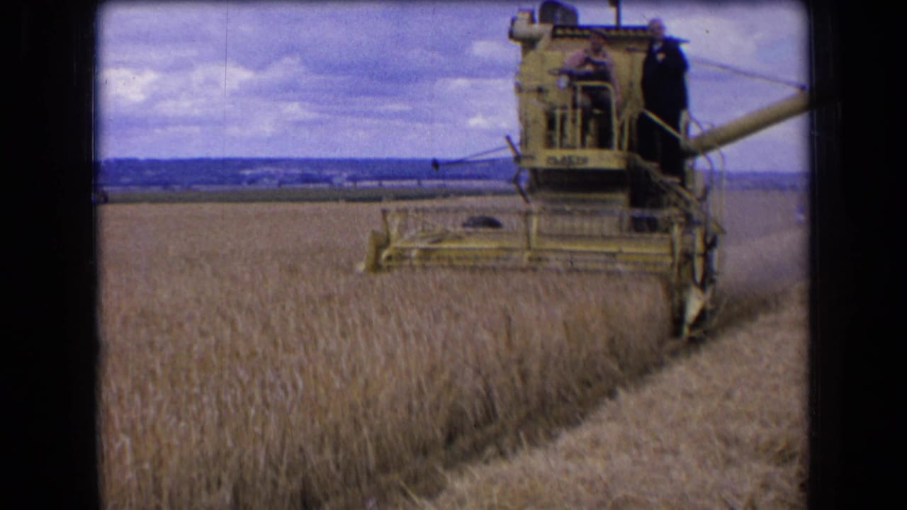 1963 France 8mm frame of a yellow combine cutting wheat, with one man operating and another standing on the platform.