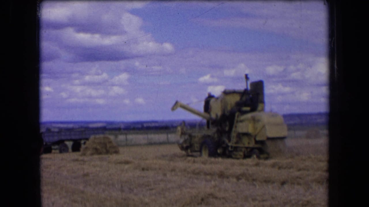 1963 France 8mm frame showing a combine harvester in a harvested wheat field with straw piles, a trailer, and cloudy sky.