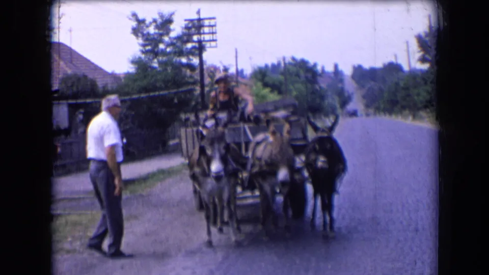 1963 France home-movie view of a donkey-drawn carriage on a quiet road, with a man standing nearby and houses beyond.