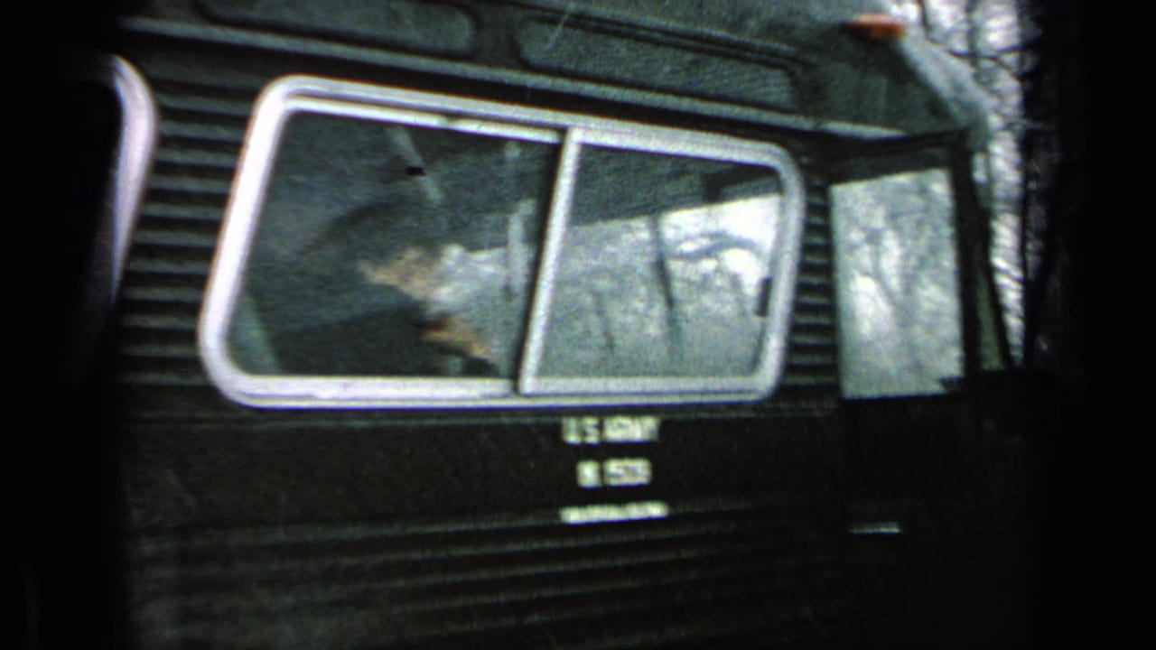 Dark U.S. Army bus side with wet windows and a faint passenger visible inside.