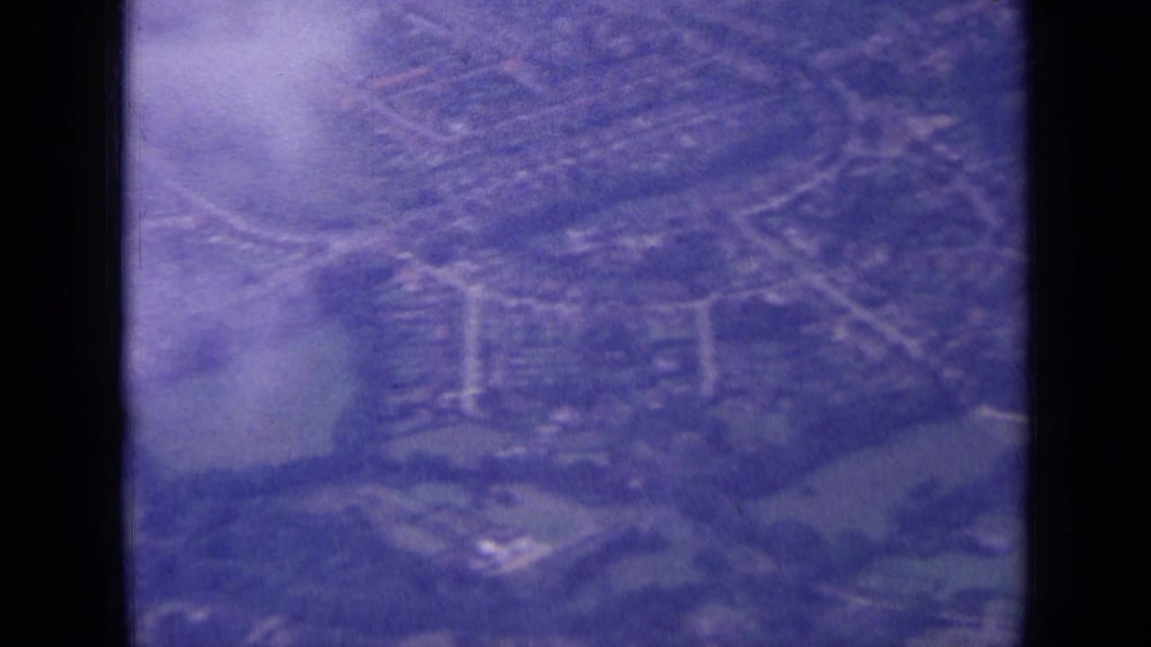 Purple-tinted airplane-window view over London suburbs, showing roads, housing, trees, and hazy open ground below.