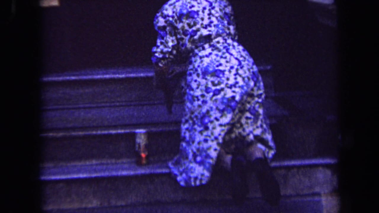 Woman in patterned dress bent forward beside stone steps.