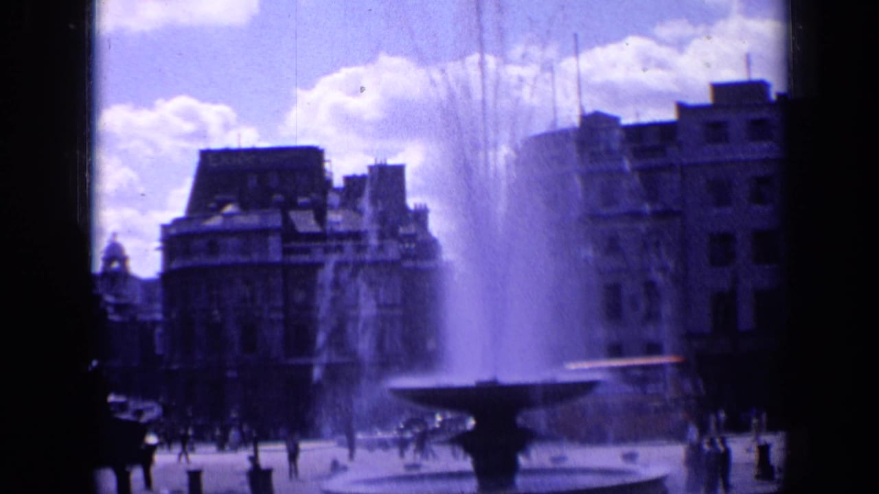 The final 1963 London frame emphasizes tall fountain spray against buildings, with small pedestrian figures in the square.