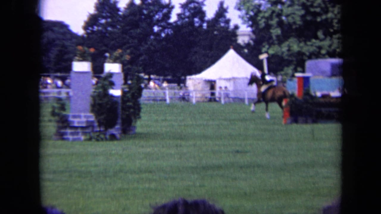 Rider on a chestnut horse approaches a jump area on a grassy equestrian course.