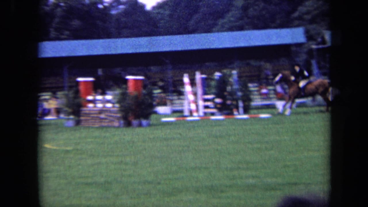 Horse and rider approach show-jumping obstacles beside red and white rails.
