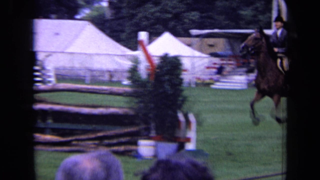 Horse and rider clear a jump beside white tents and event structures.