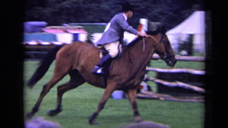 Rider in competition attire moves a brown horse across the London show field, passing timber rails and white event tents.