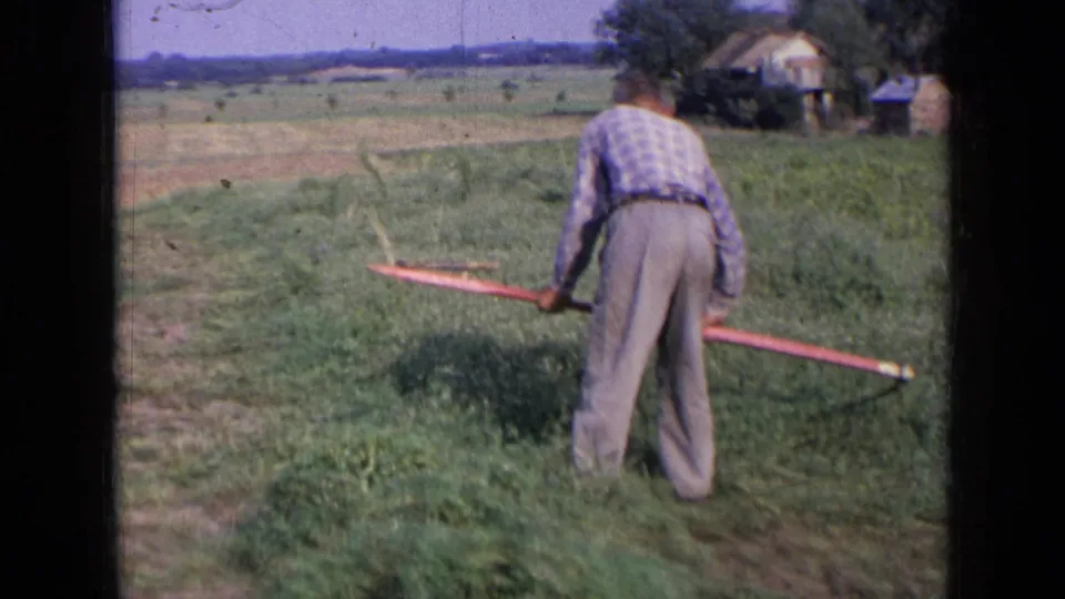 In 1963 Russia, an adult farmer bends over a grassy field while using a long red rake, with small buildings and trees in the distance.