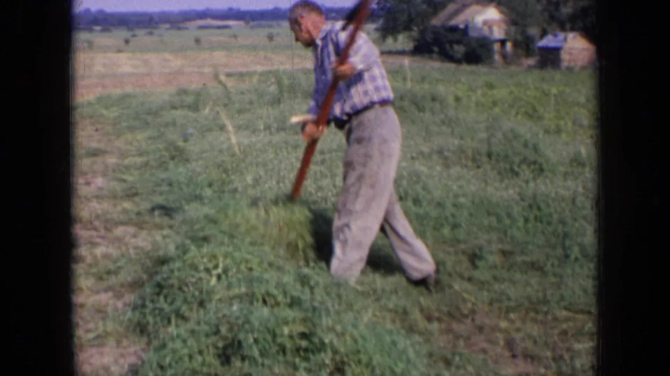 The farmer turns partly toward the camera while gripping the long red rake in a grassy rural field, with 8mm gate edges visible.