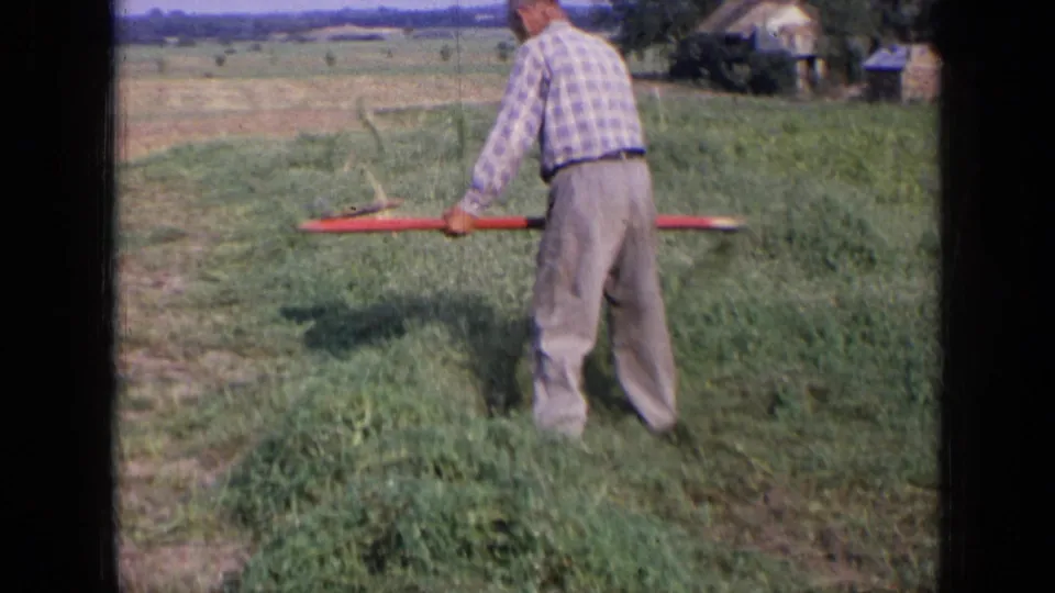 In 1963 rural Russia footage, a man in a checkered shirt works through tall grass with a long-handled sickle or scythe.