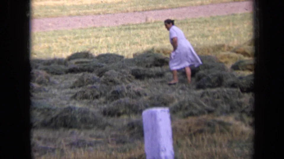 1963 Russia rural footage frame with a woman stepping through cut hay piles under soft daylight.