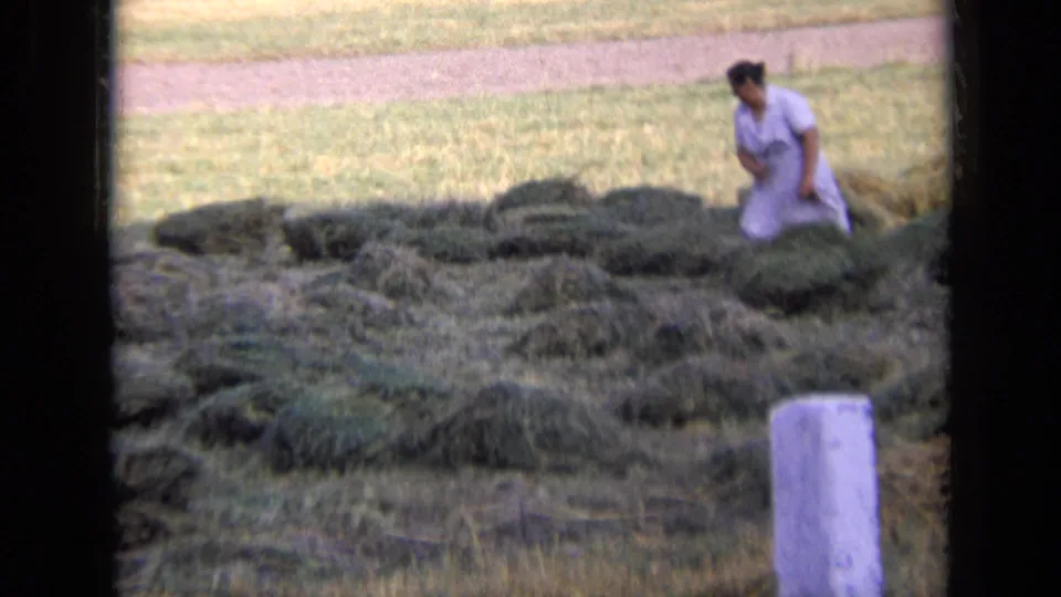 The woman appears to bend or reach toward hay in a rural Russian field, with soft color and visible 8mm frame edges.