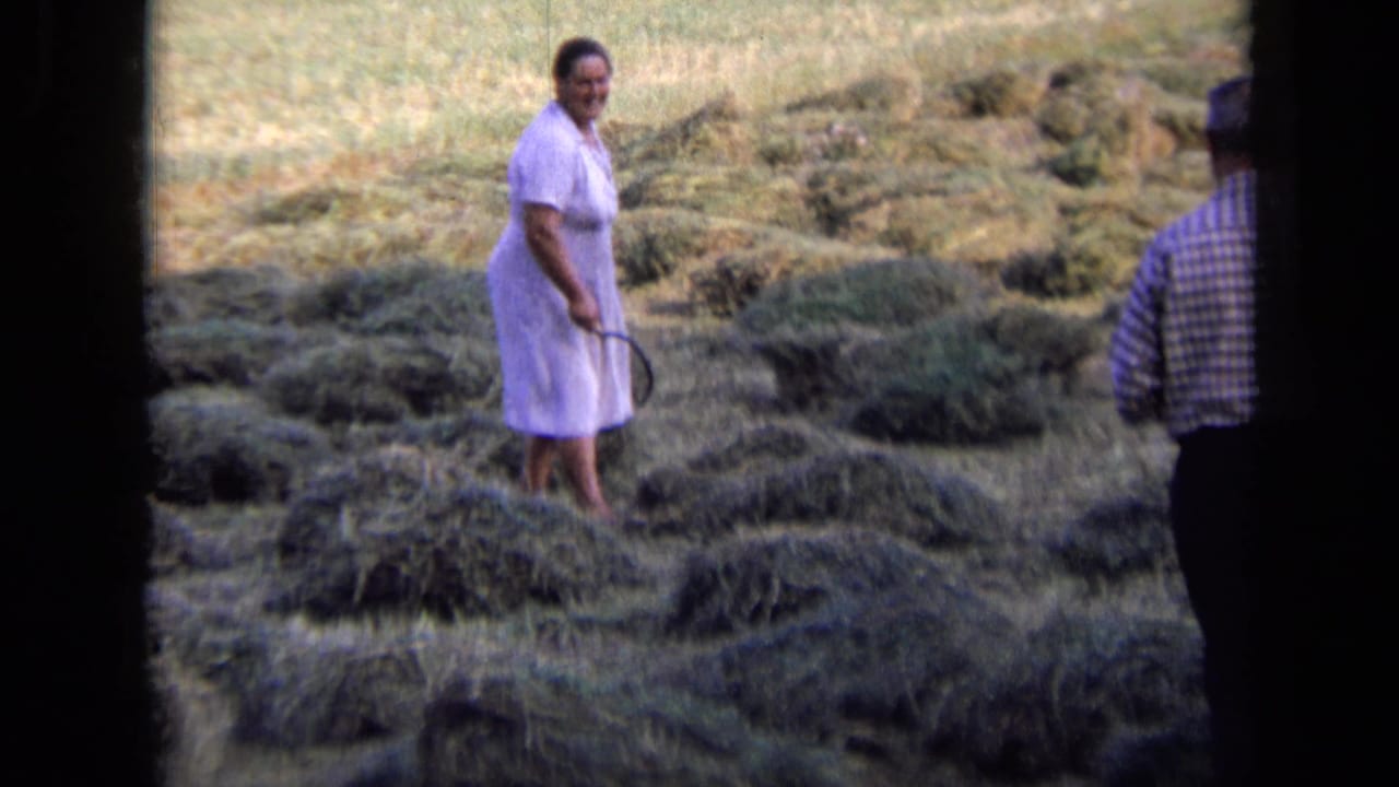 In 1963 Russia home-movie footage, a woman in a light lavender dress stands in a hay field holding a curved scythe or hay tool.