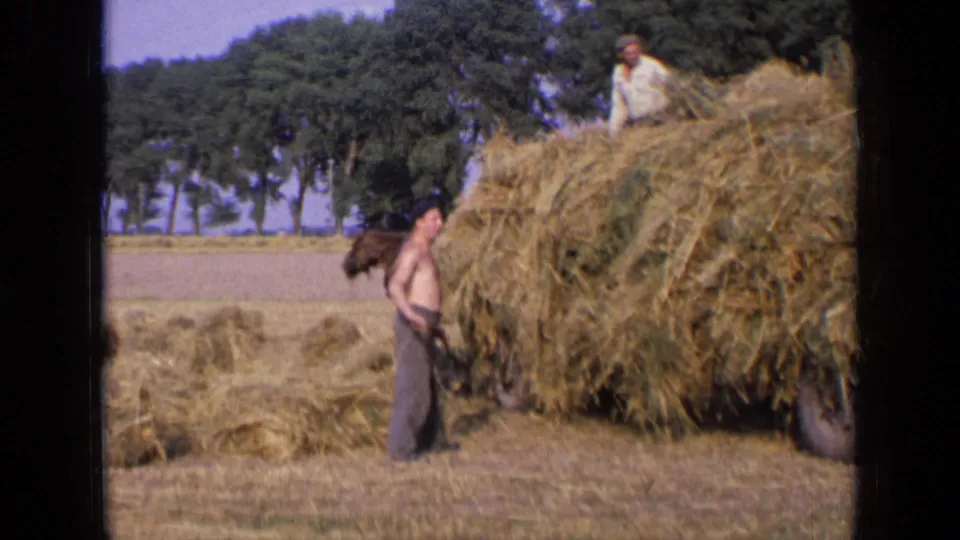 1963 Russia frame with one worker on top of a hay wagon and another standing beside the load in a field.