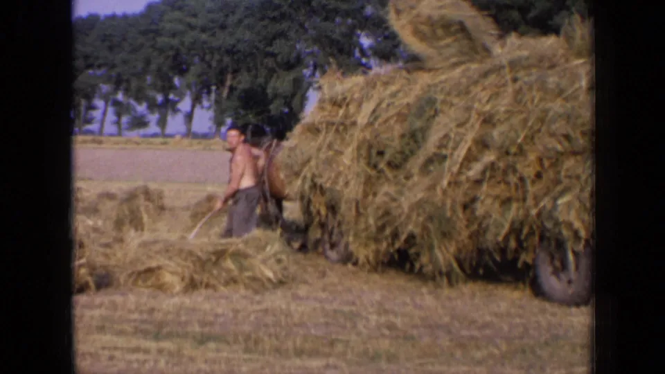 1963 Russia frame showing a farm worker near a large hay-filled wagon in a harvested field.