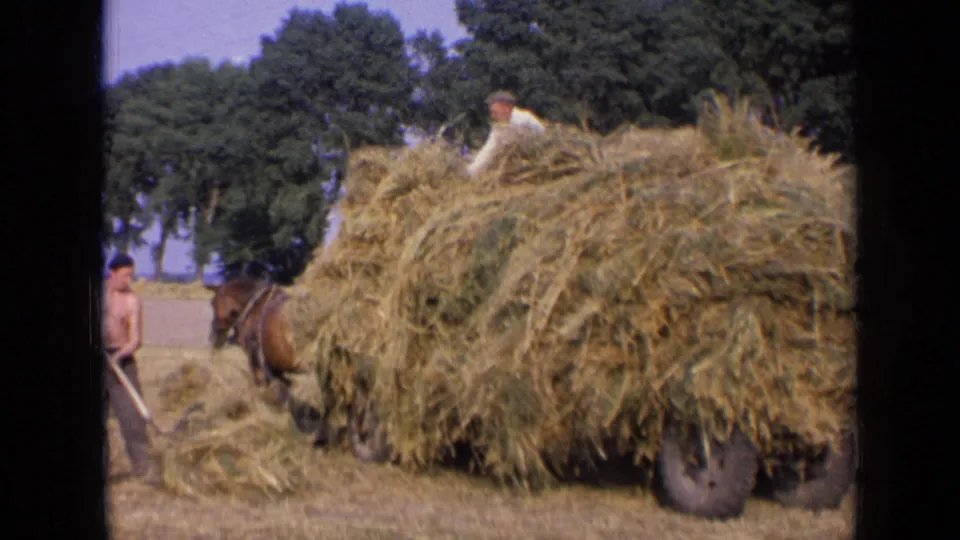 1963 rural Russia home-movie frame showing workers beside a horse-drawn cart stacked with hay.