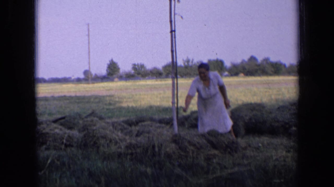 Woman in a light dress works beside hay piles in an open field.