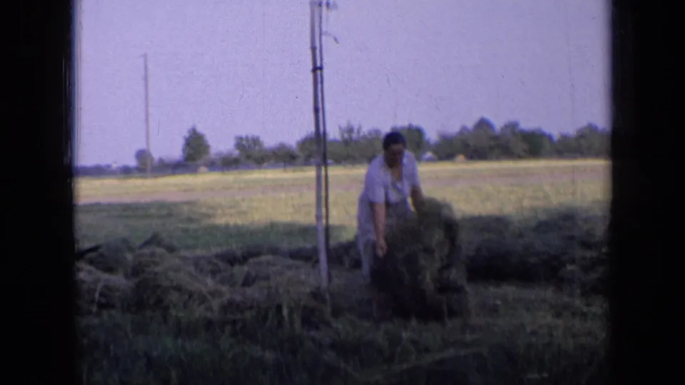The 1963 Russia footage shows the woman bending toward gathered hay in a rural field bordered by distant trees and utility poles.