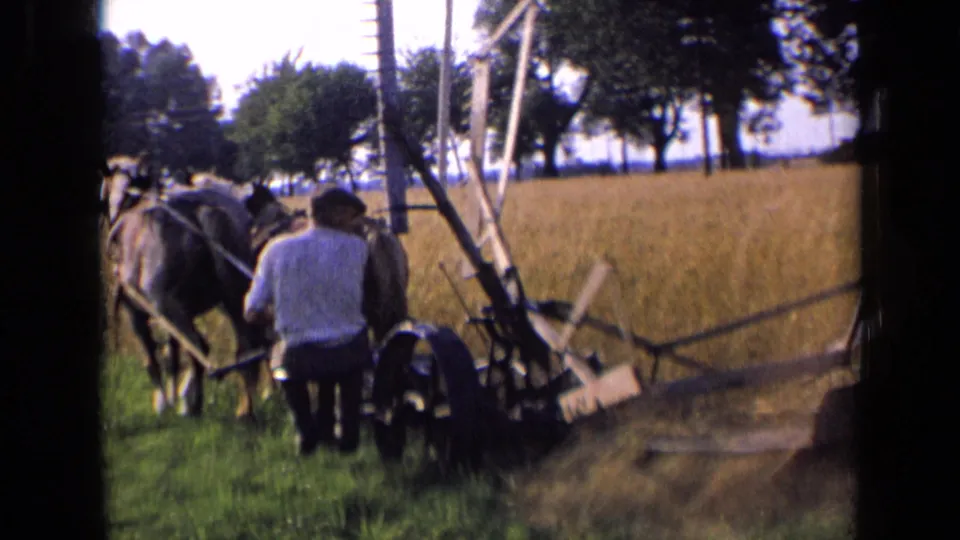 A man guides horse-drawn plowing equipment through a rural field in the supplied 1963 Russia footage.