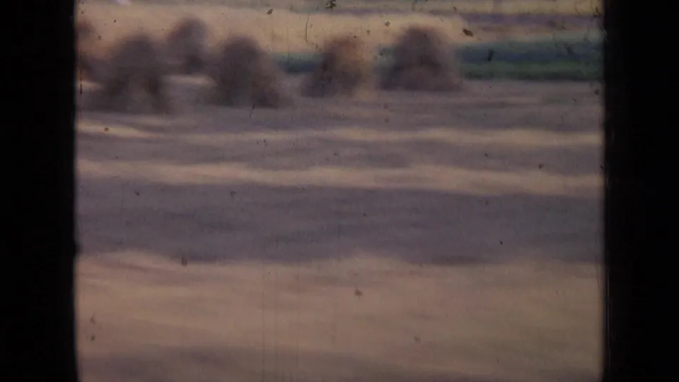 Soft, motion-blurred countryside view from a moving vehicle in the Russia 1963 travel footage.