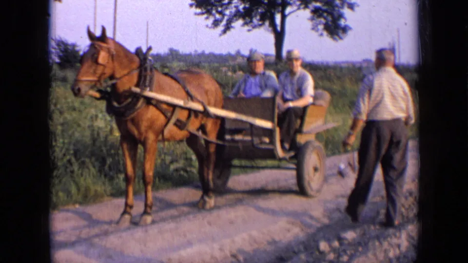 A third older man carrying a metal container approaches the horse-drawn cart in rural Russia, 1963.