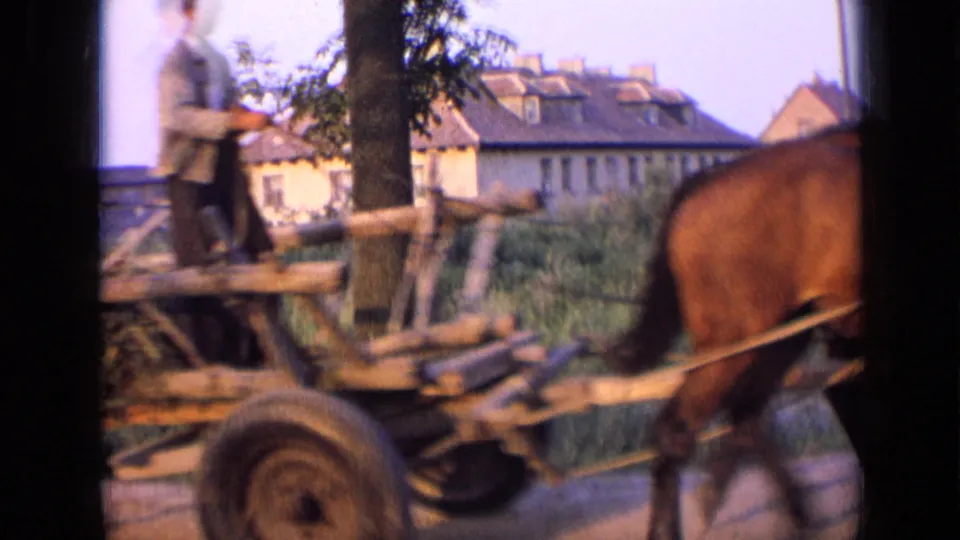 A wooden wagon rolls past the camera, with the driver partly visible and a horse body crossing the foreground.