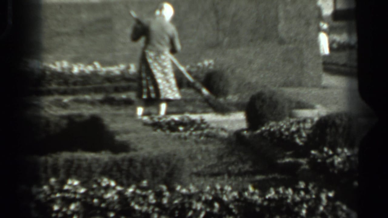 In 1963 Russia home-movie footage, a woman in a head covering and patterned dress sweeps near hedges and a garden wall.