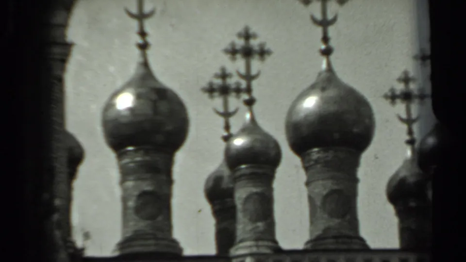 Onion domes topped with crosses fill the frame in this 1963 Russia architectural cutaway.