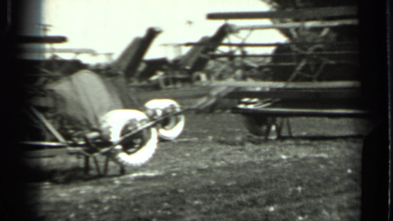Scattered metal parts and a wheel-like object lying in a field.