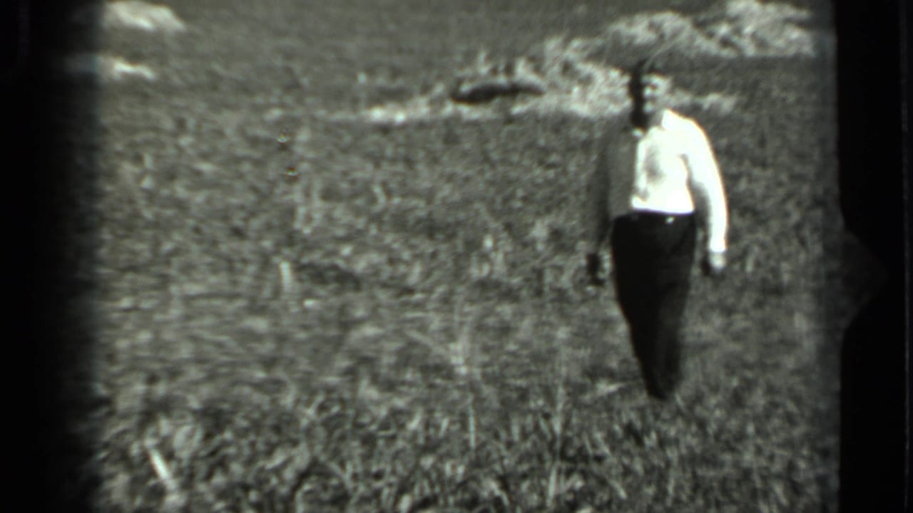 In 1963 Russia home-movie footage, a man in a light shirt walks through tall grass with distant animals across the field.