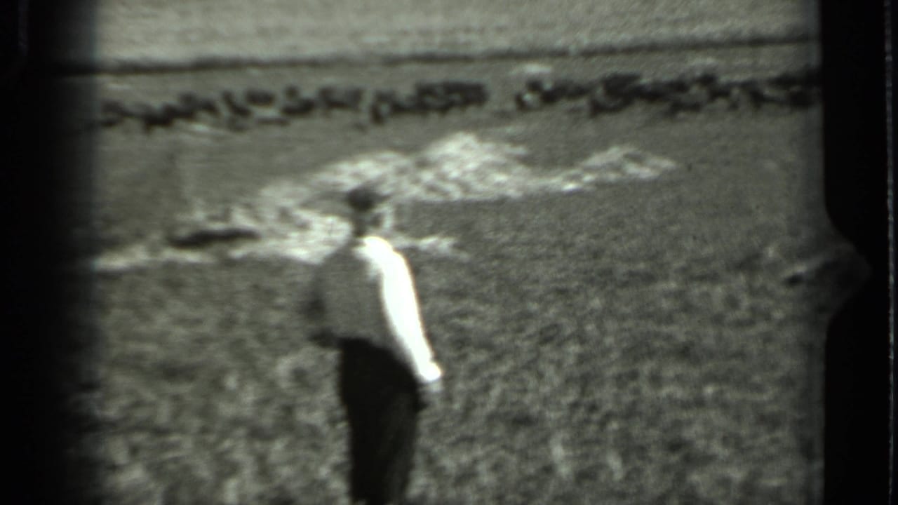1963 Russia 8mm frame showing a distant man in a light shirt and dark trousers walking through an open field.