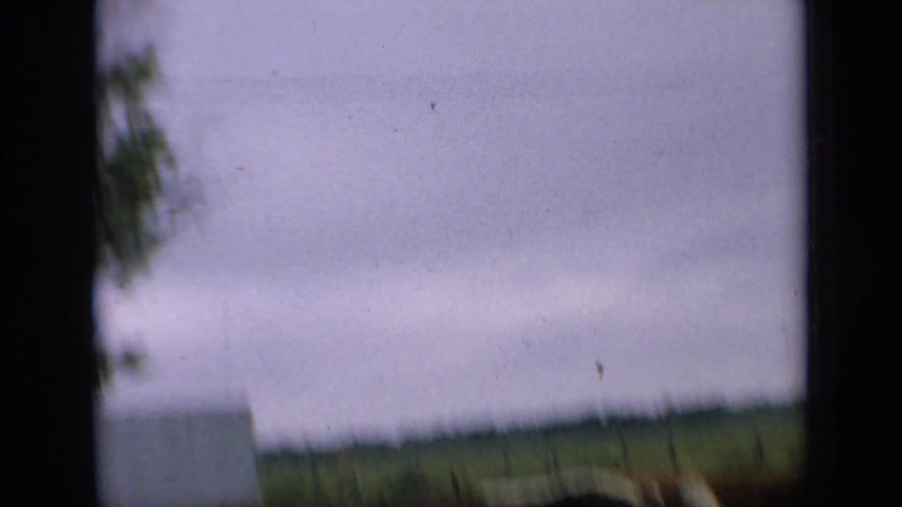 Soft, blurred 8mm frame from the Kansas farm scene, showing sky, distant field, dark trees, and a low fence line.