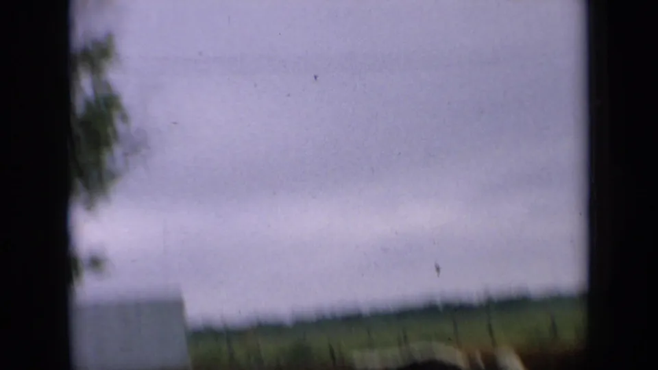 Soft, blurred 8mm frame from the Kansas farm scene, showing sky, distant field, dark trees, and a low fence line.