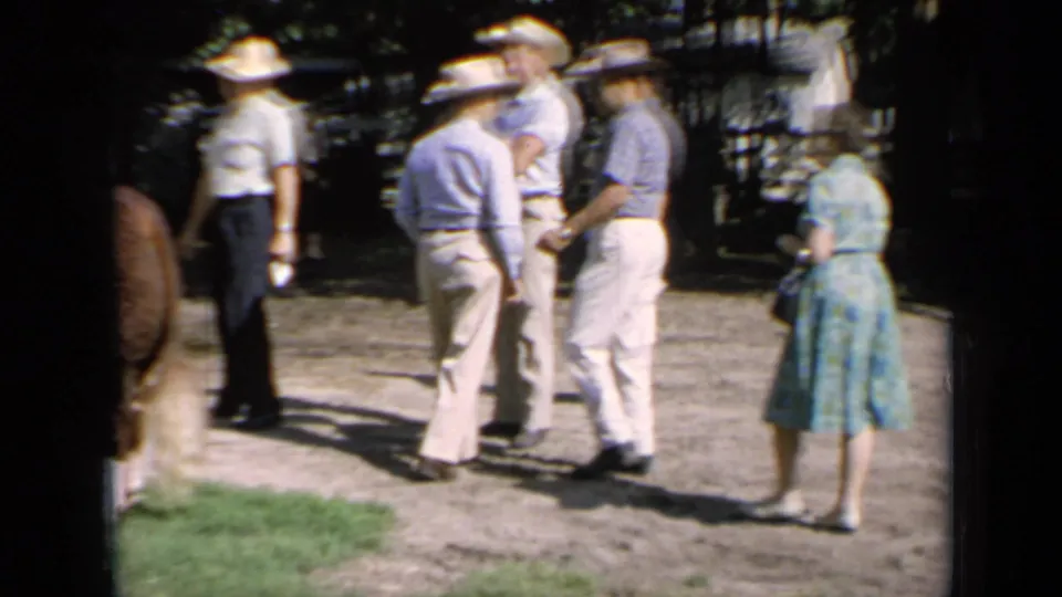 Kansas 1964 fairground view with adults in hats and a woman in a blue dress near Hereford cattle.