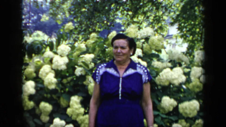 Adult woman in a blue dress faces the camera in a leafy New York garden with white hydrangeas, filmed on 8mm in 1948.