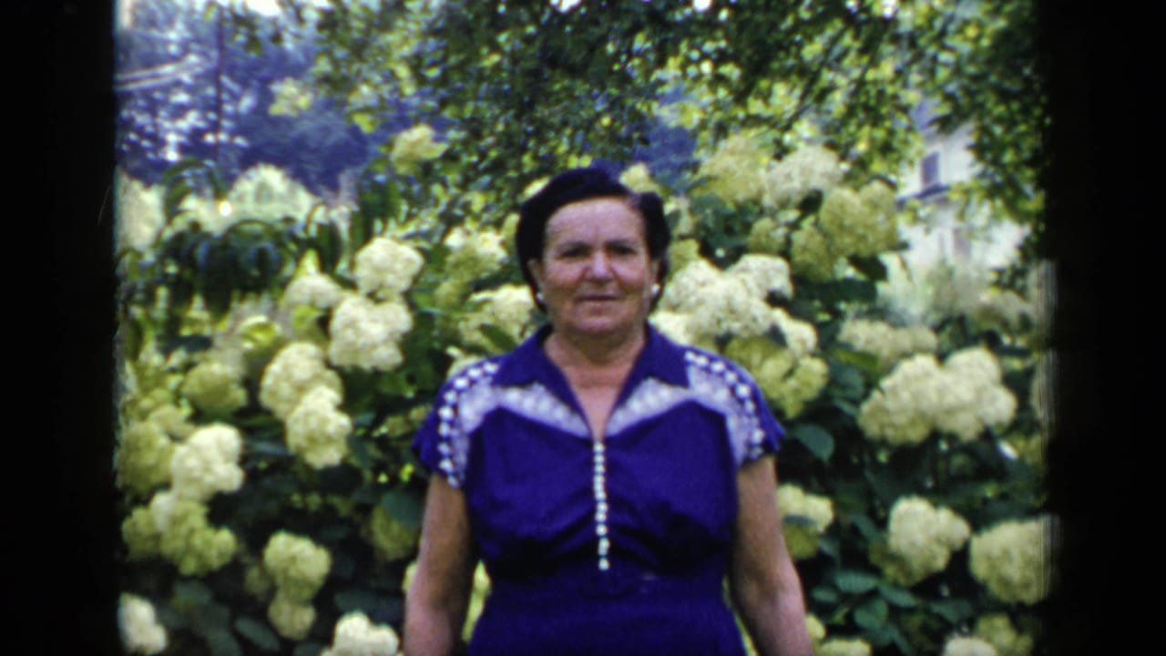 Woman in a purple dress standing before white hydrangeas in a garden.