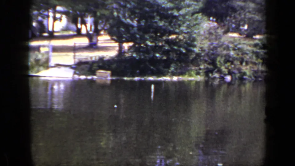 1948 New York 8mm frame of a quiet pond with shoreline trees, chain-link fence, shrubs, and a small wooden dock.