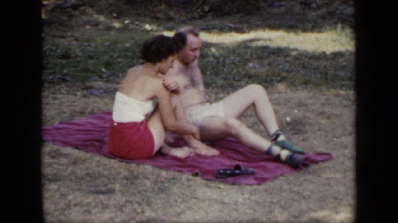 Woman and shirtless man sit close together on a purple blanket in a grassy park.