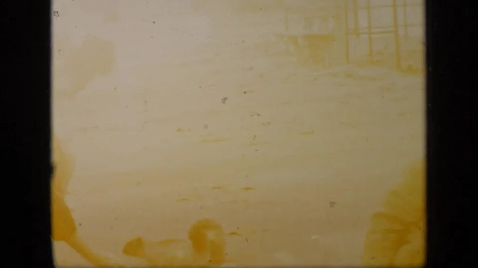 Yellow-tinted 1948 New York home-movie frame showing a woman bent toward the pavement near a squirrel, partly obscured by exposure fade.