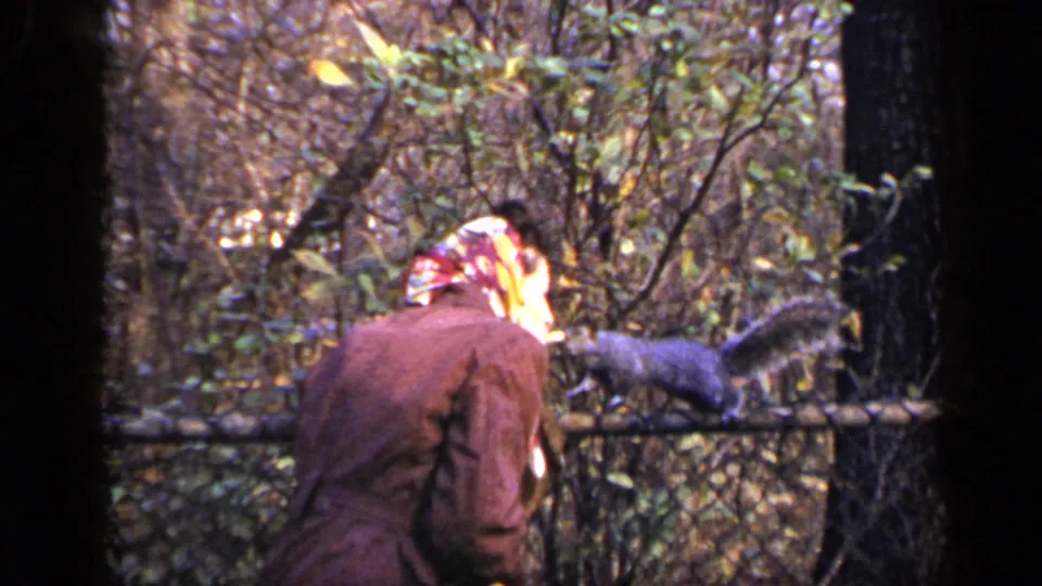 In 1948 New York home-movie footage, a woman in a headscarf faces a squirrel on a chain-link fence in a wooded area.