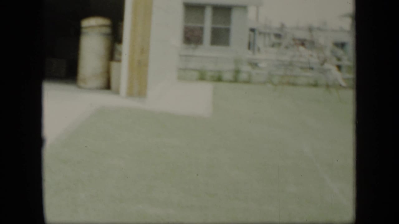 Empty lawn and sidewalk beside a residential house and fence.